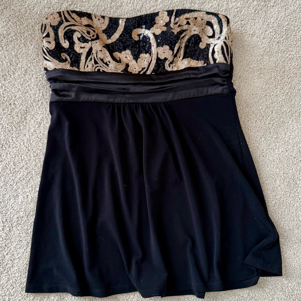Women’s Le Chateau Shirt Black & Gold Design Strapless Style Size Small